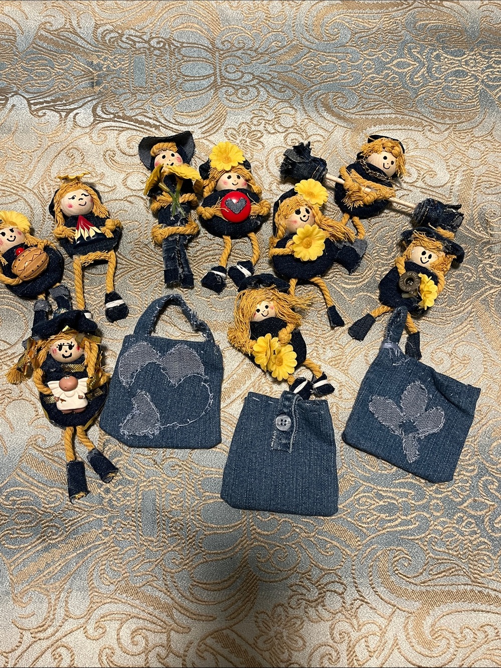 Handmade Navy & Yellow Kids Accessory Doll Sets & 3 little purses - denim crafts